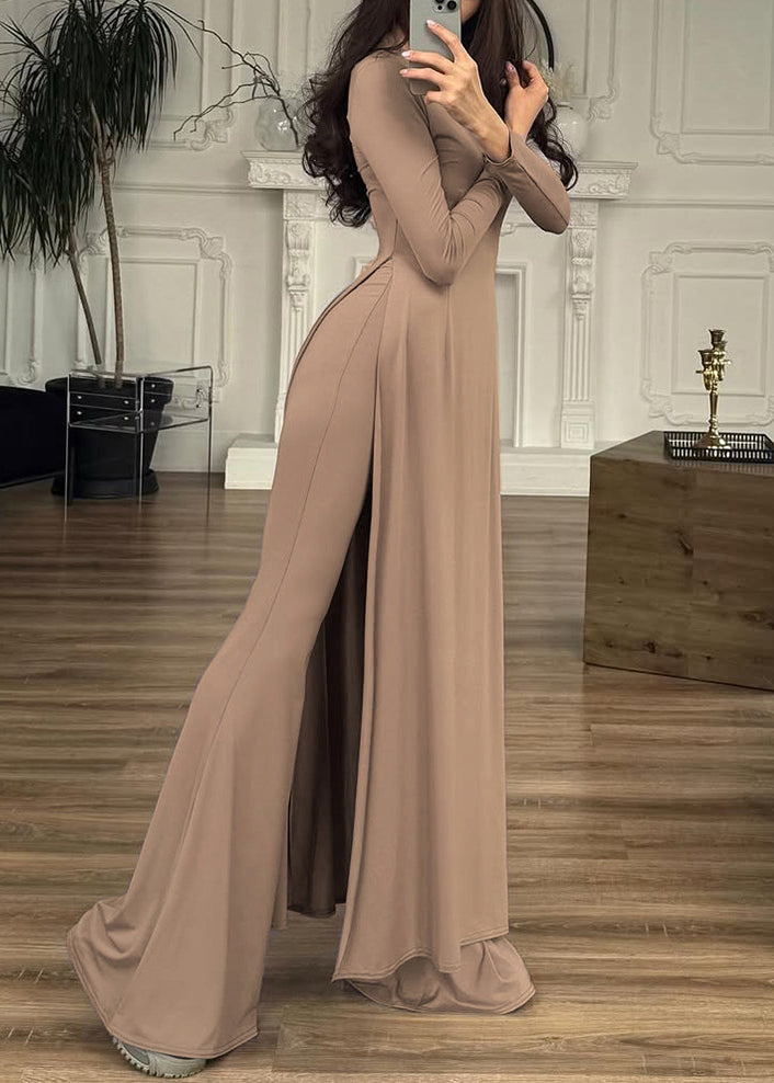 New Khaki O Neck Side Open Cotton Two-piece Set Spring