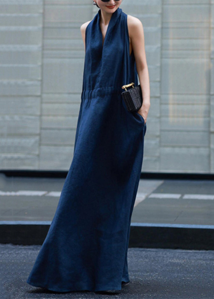 New Light Blue Pockets Tie Waist Linen Robe Dresses Sleeveless