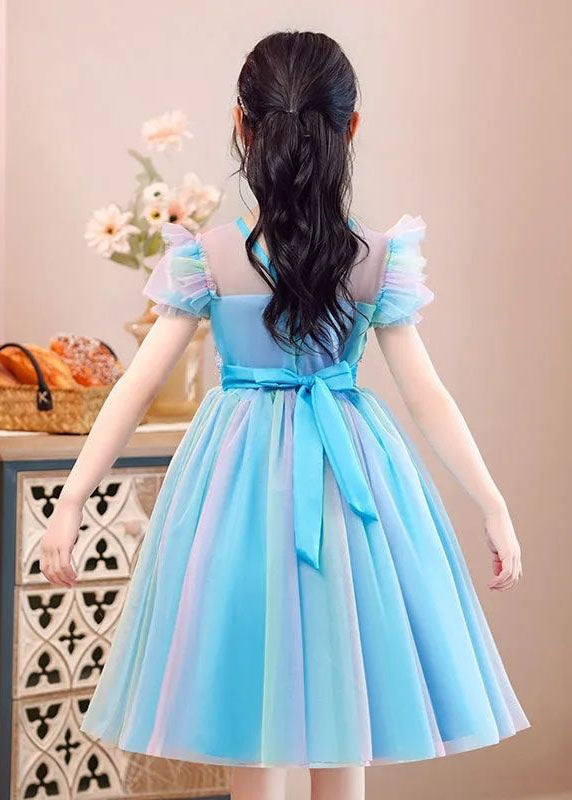 New Light Blue Ruffled Sequins Patchwork Tulle Baby Party Dress Summer