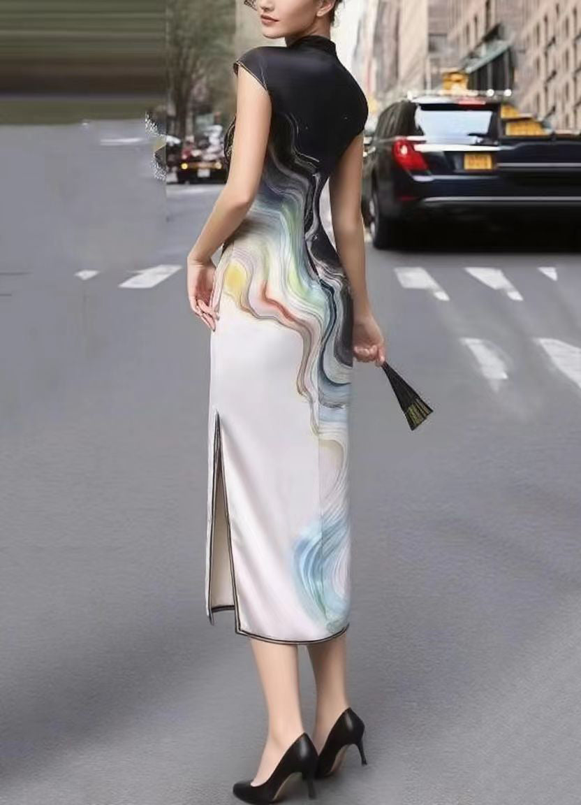 New Retro Black Print Silk Oriental Dress Summer