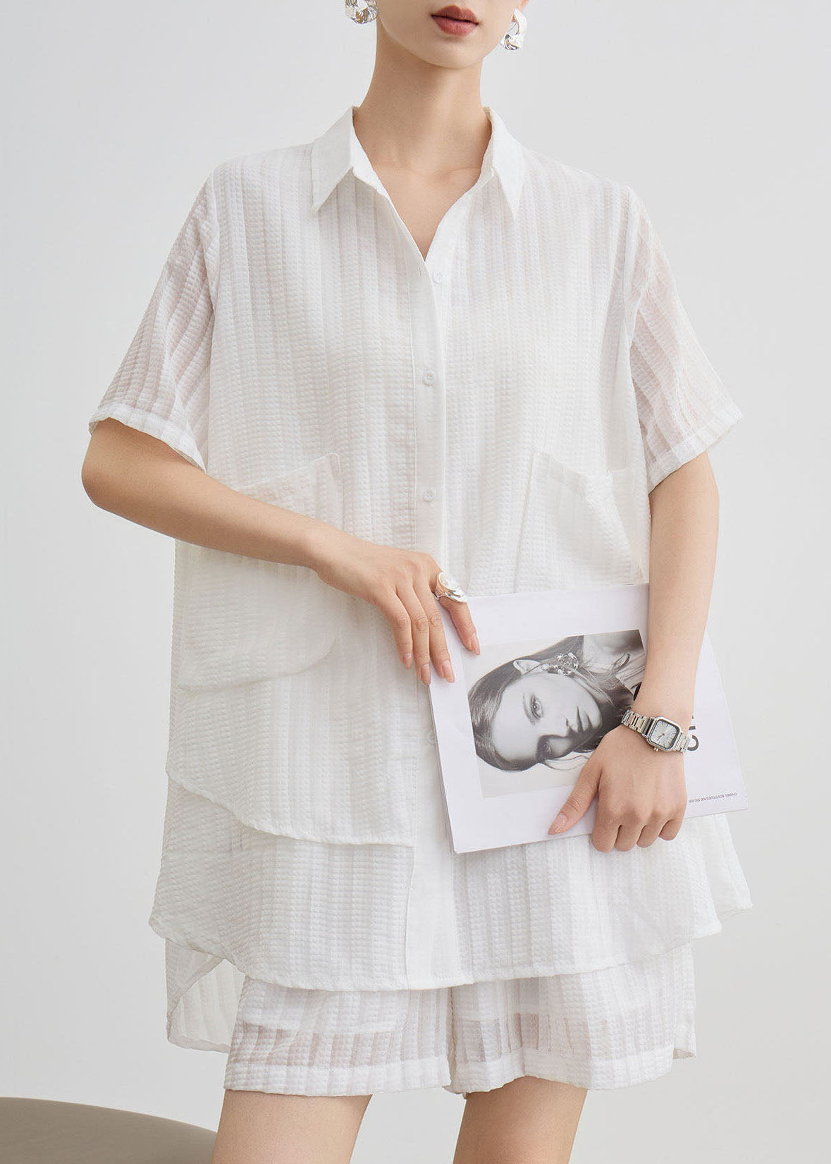 New White Peter Pan Collar Striped Cotton Two Piece Suit Set Summer