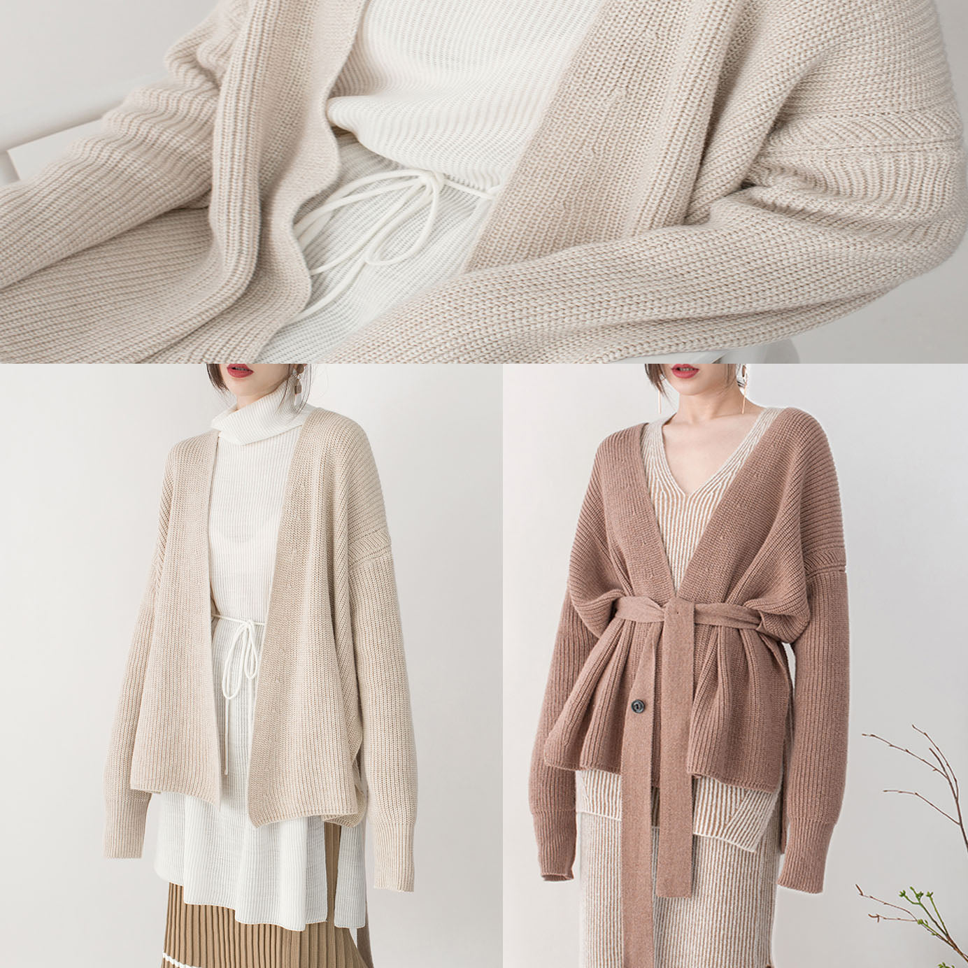 New Beige Winter Sweater V Neck Tie Waist Knit Sweat Tops Top