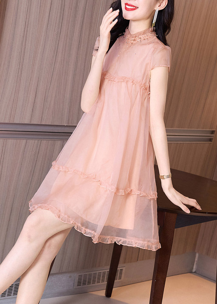 Novelty Pink Ruffled Patchwork Nail Bead Tulle Mid Dress Summer