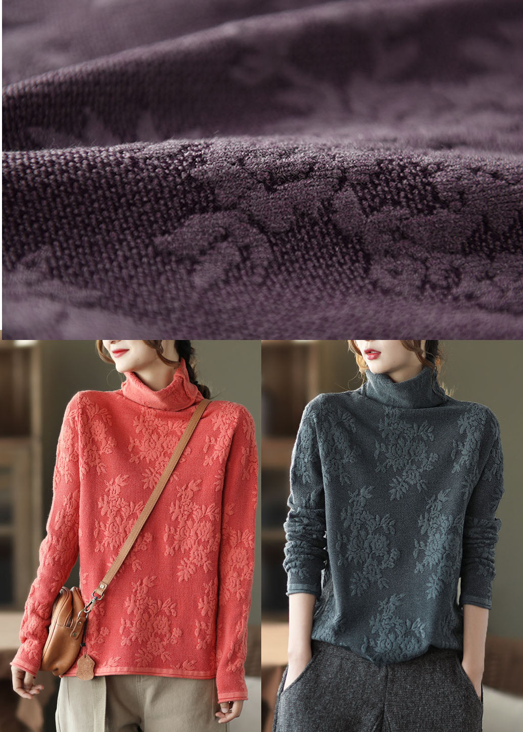 Orange Thick Knit Sweater Tops Jacquard Spring