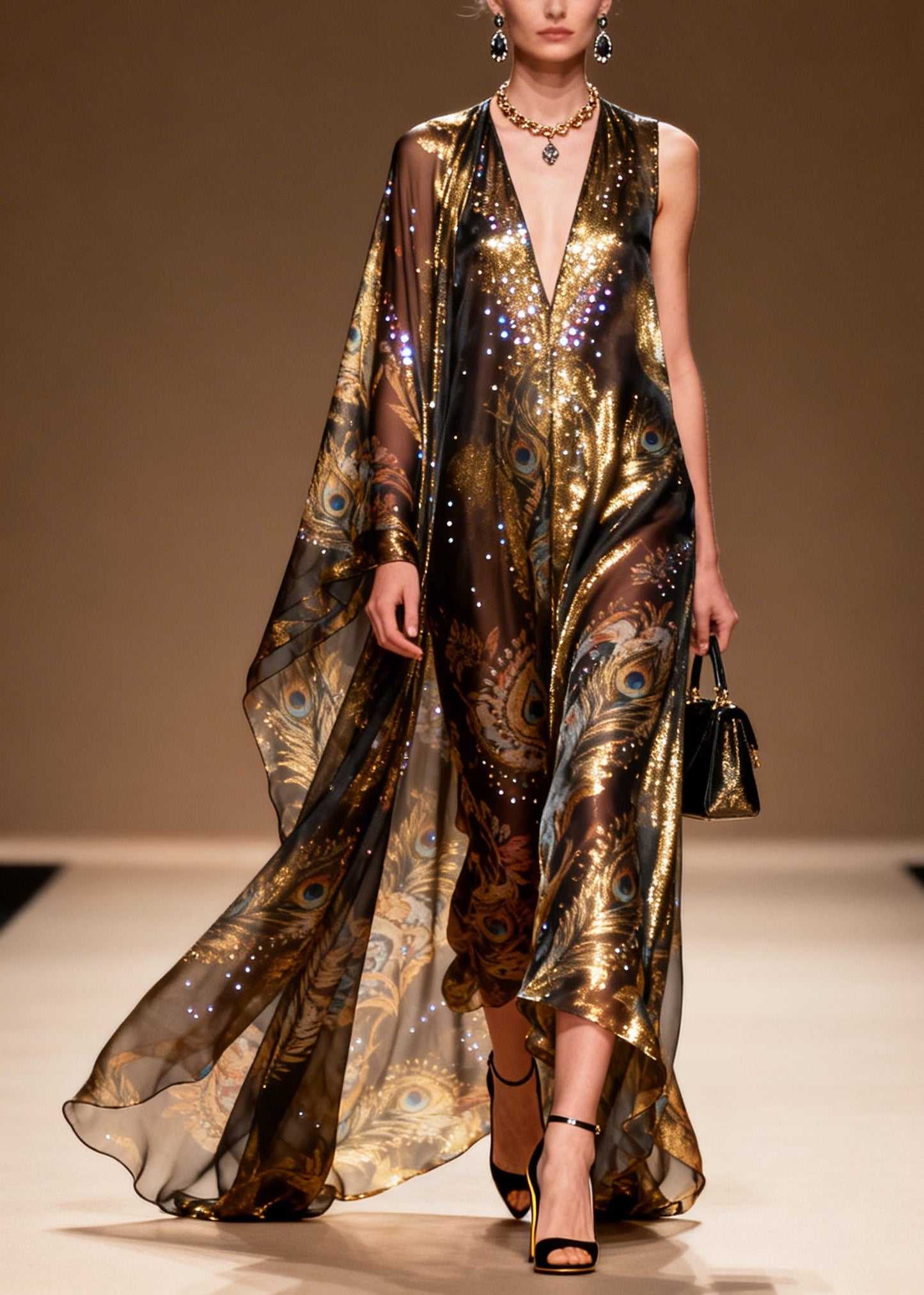 Organic Brown Asymmetrical Print Rhinestone Silk Party Dress Summer