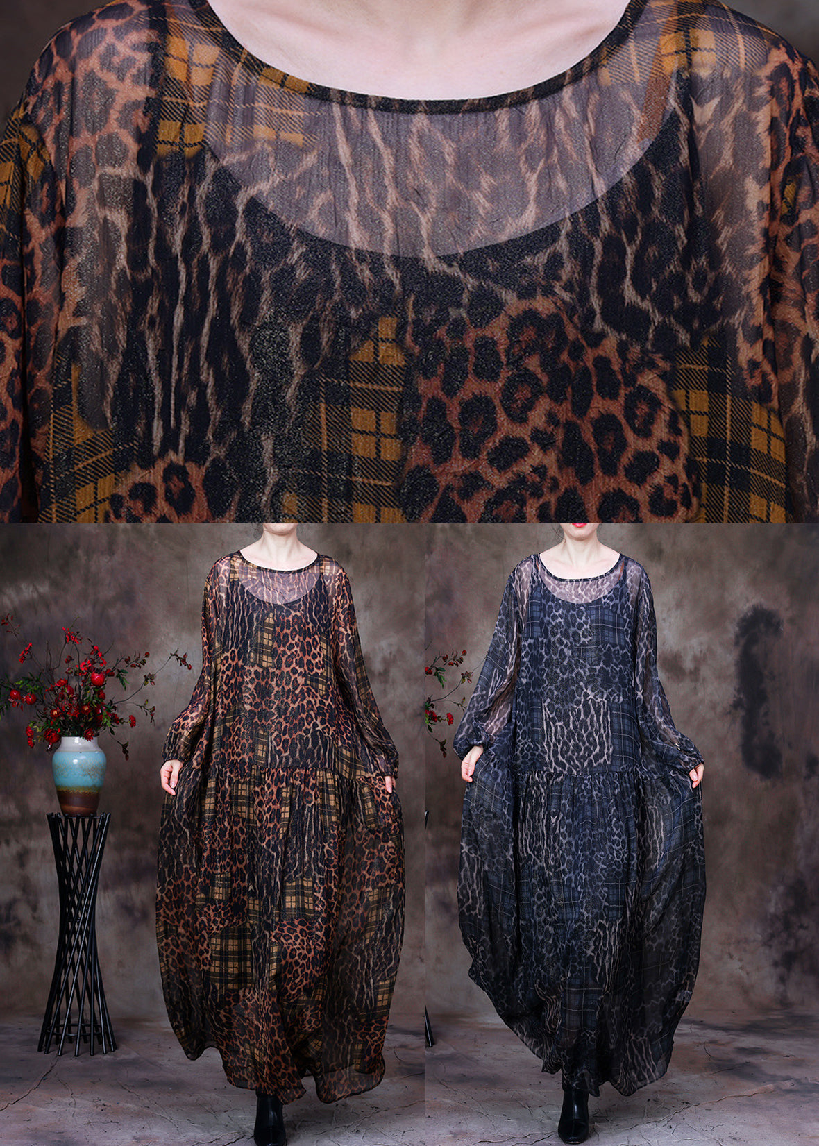 Organic Chocolate O-neck Print Maxi Dress and Suspenders Two Pieces Set Fall