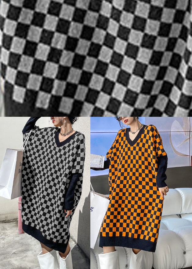 Organic Grey Black Plaid V Neck Side Open Winter Long Knit Dress