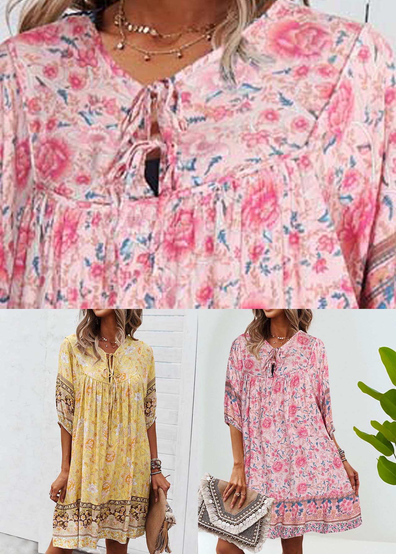 Organic Pink Wrinkled Patchwork Holiday Mid Dress Summer