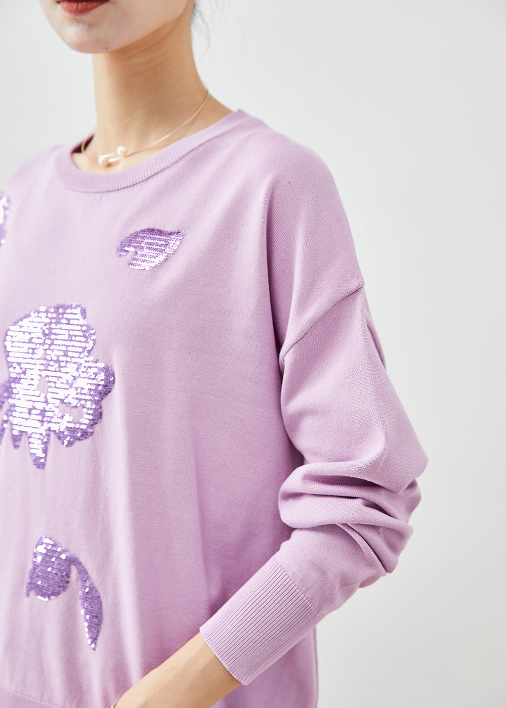 Organic Purple Sequins O-neck Knit Sweater Winter