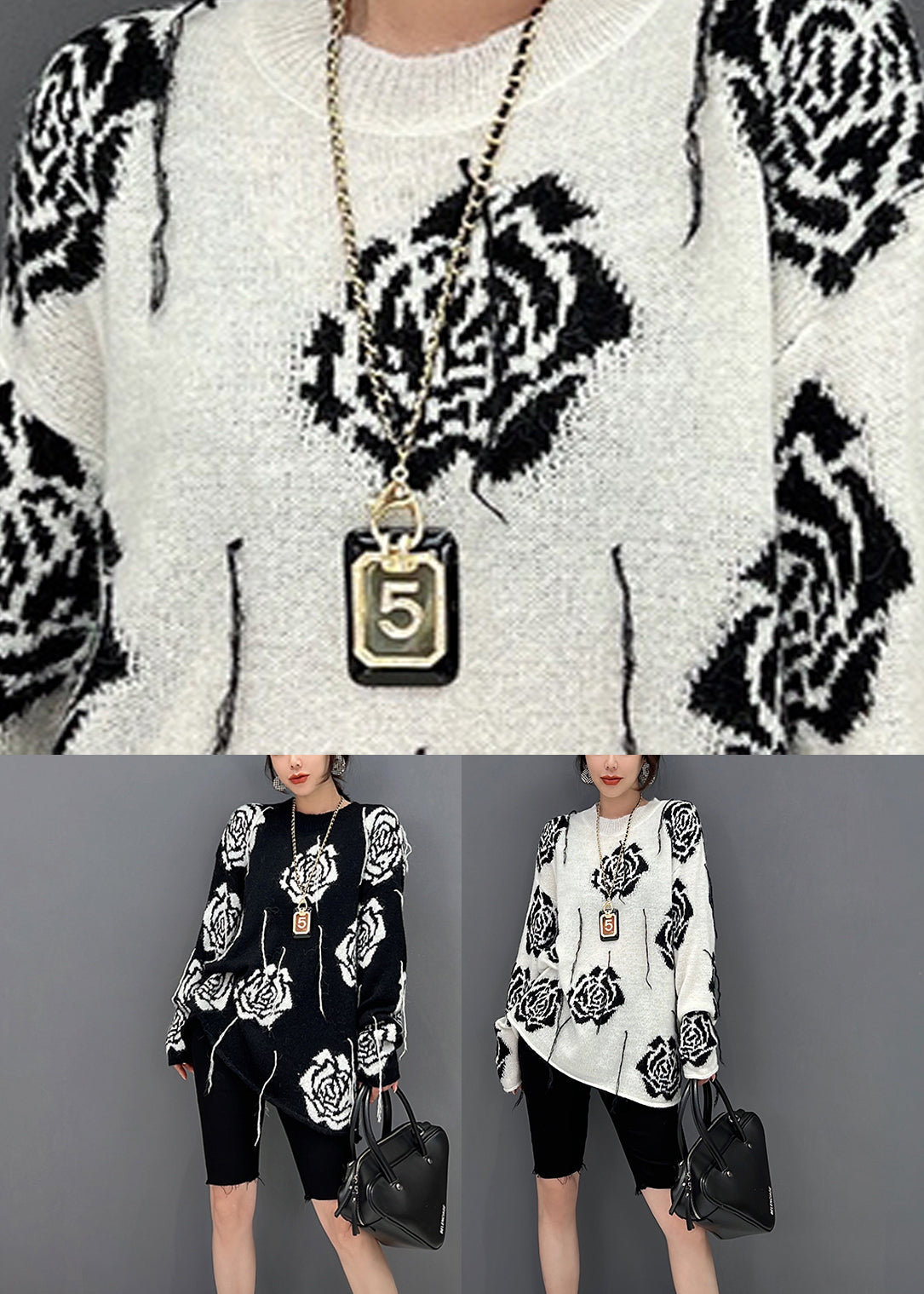 Organic White O-neck Print Knit Sweater Fall