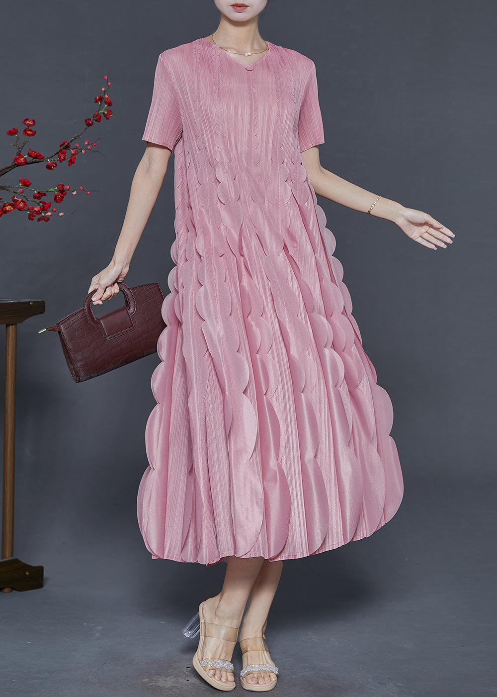 Original Design Pink Ruffles Silk a Line Dress Summer
