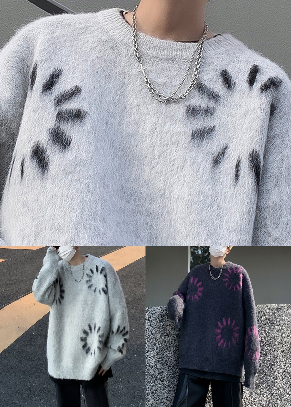 Original Grey O Neck Print Knit Sweaters Winter