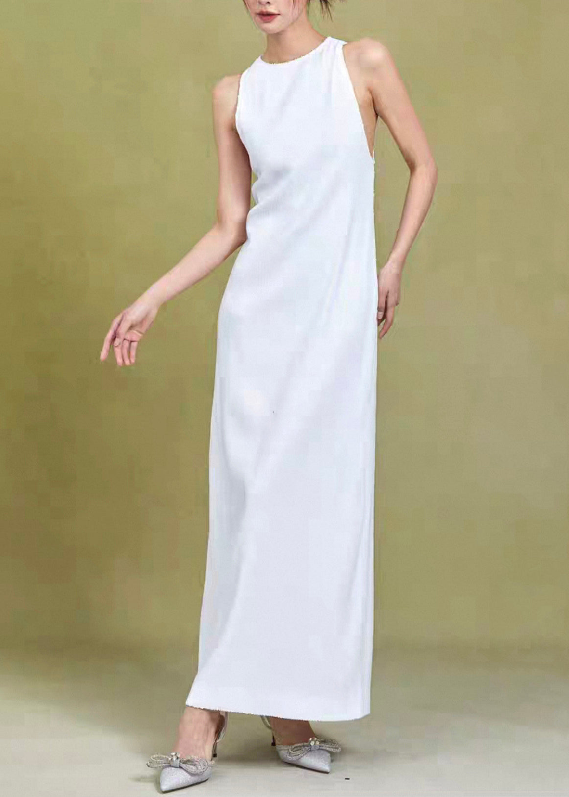 Original White O Neck High Waist Cotton Dress Sleeveless
