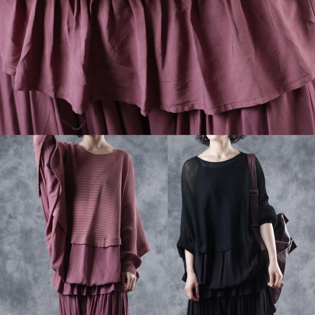 Oversized O Neck Red Knit Tops Batwing Sleeves Tops