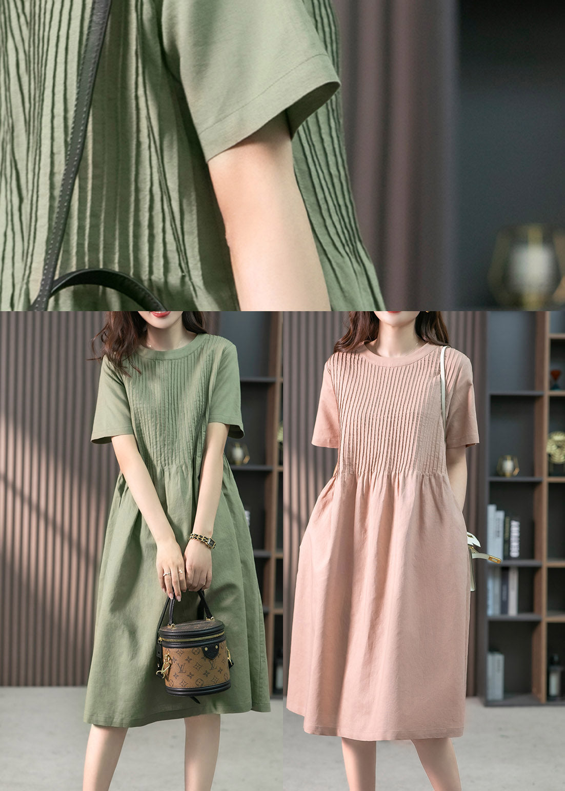 Pink O-neck Pockets Linen Long Dress Short Sleeve