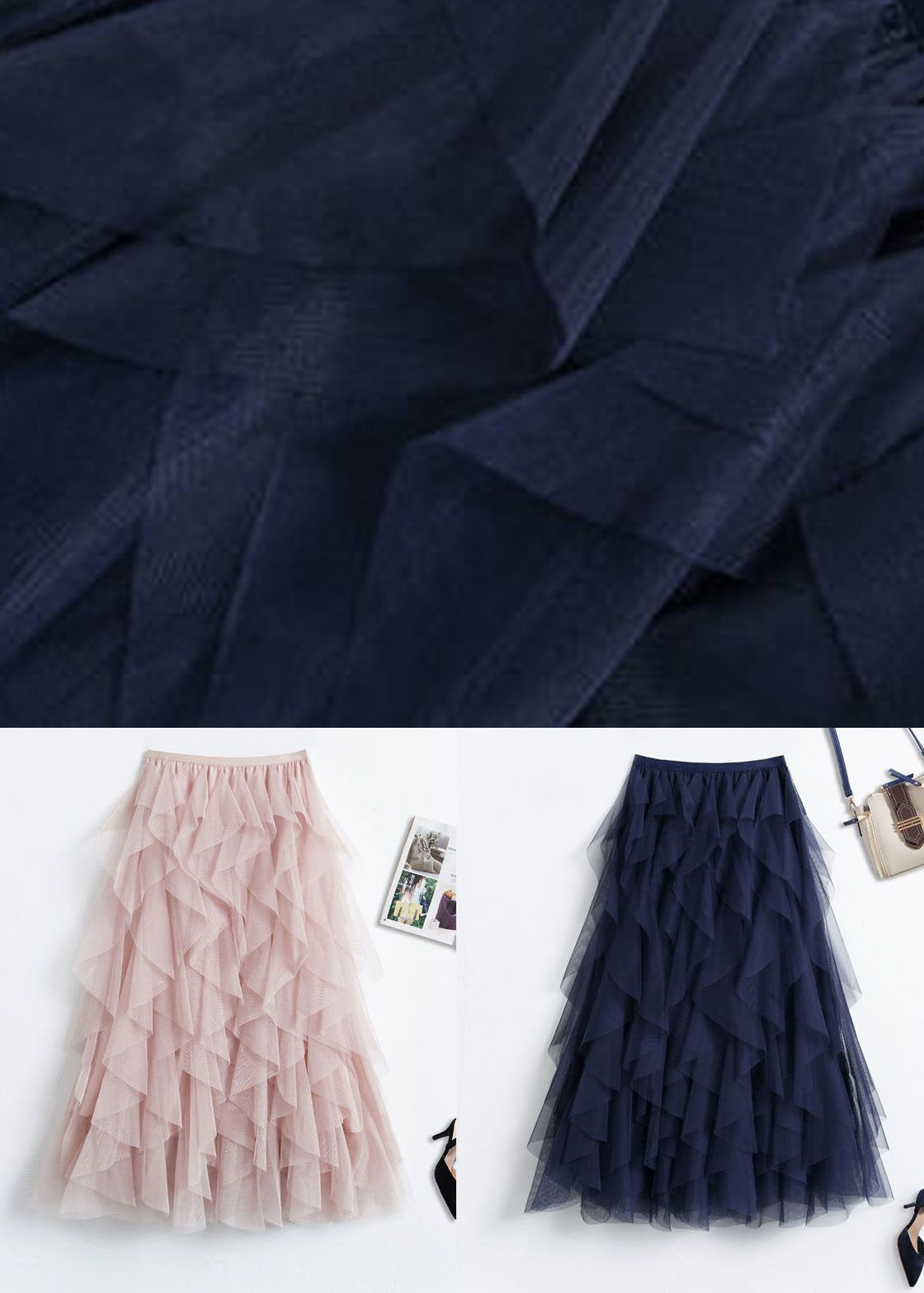 Pink Patchwork Tulle Skirts Wrinkled Asymmetrical Spring