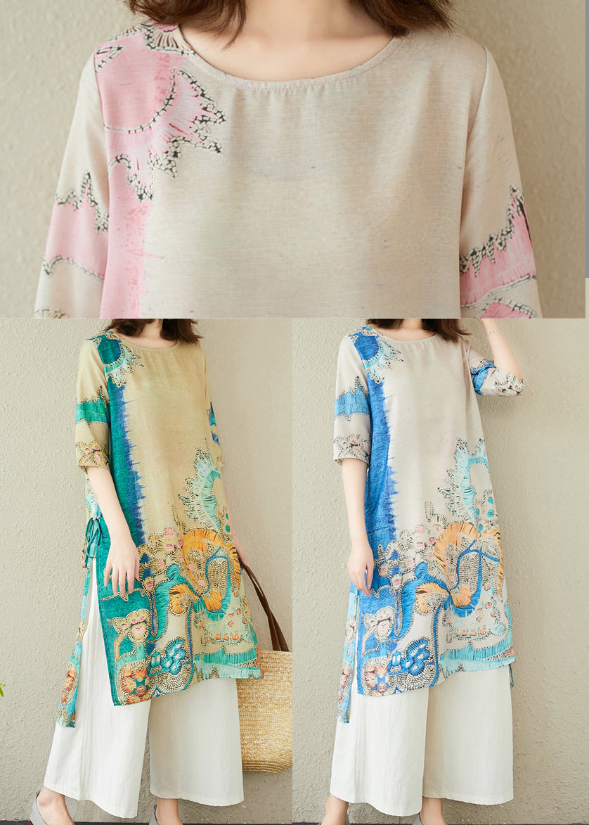 Pink Print Linen Long Dress Side Open Summer