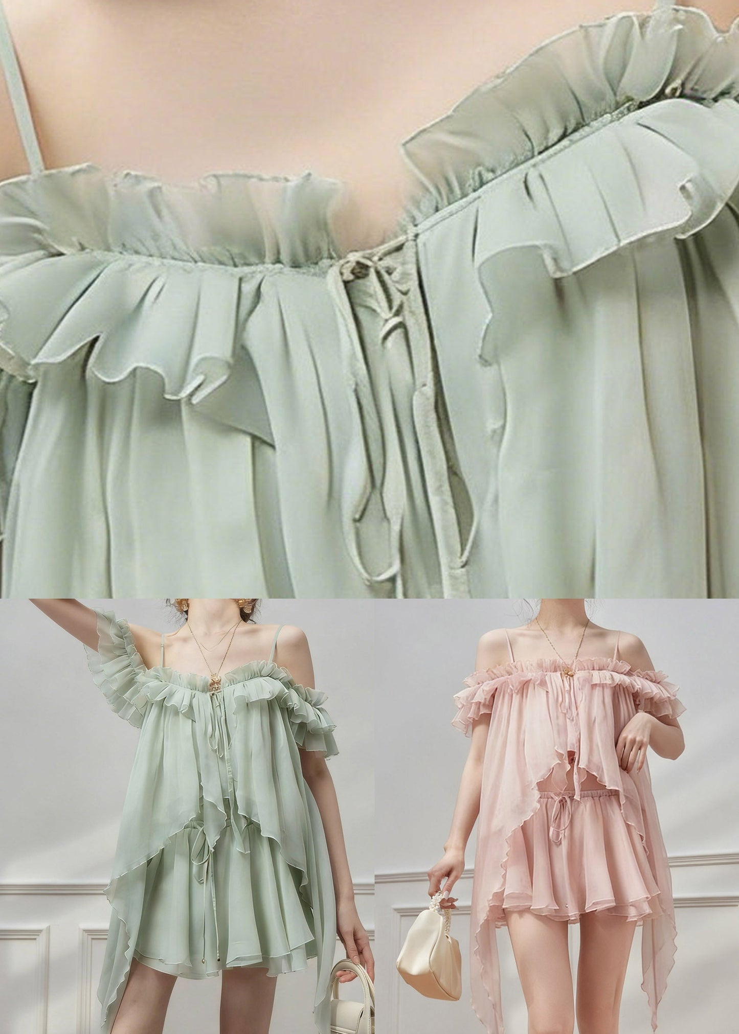 Pink Tie Lace Chiffon Top and Skirts Two Pieces Set Ruffled Summer