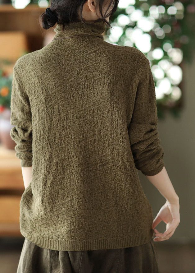 Army Green Turtle Neck Jacquard Knit Sweater Tops Winter