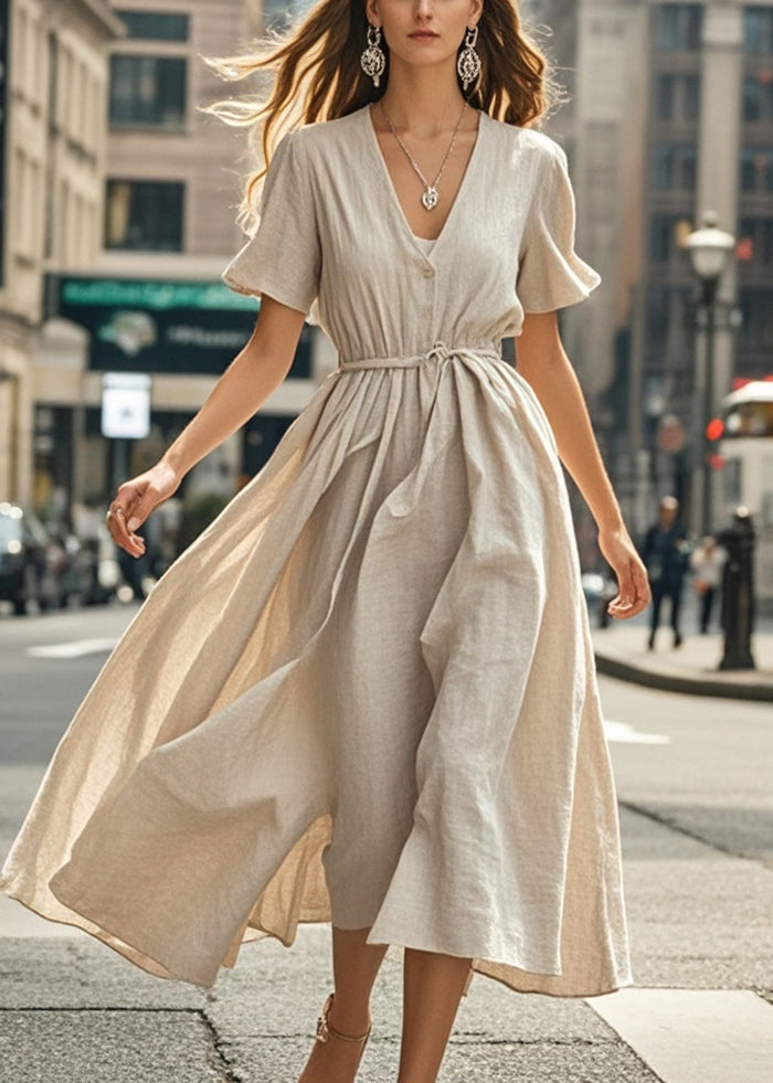 Beige V Neck Exra Large Hem Cotton Ankle Dress Summer