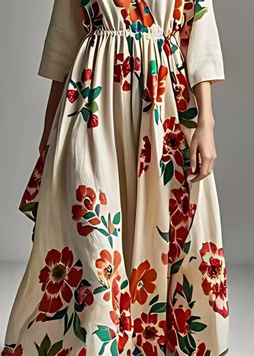 Beige V Neck Print Cotton Long Dresses Bracelet Sleeve