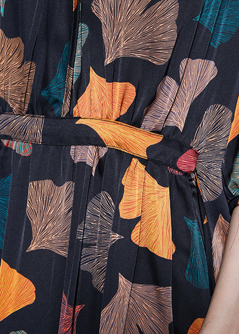 Black Cinched Leaf Print Silk Long Dress Summer