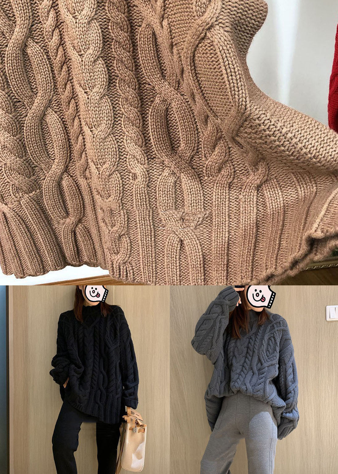 Black High Neck Oversized Cable Knit Sweater Tops Winter