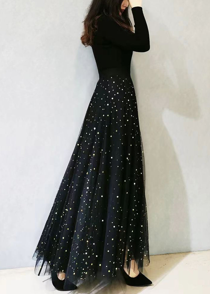 Black Print Wrinkled Elastic Waist Tulle Skirts Spring