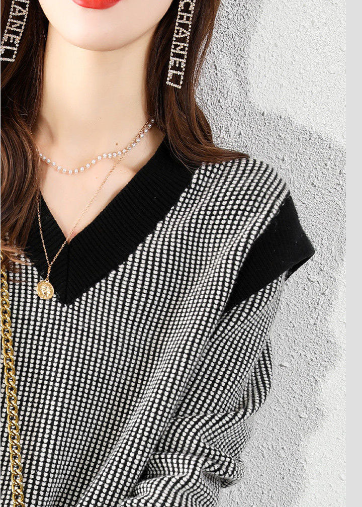 Black V Neck Plaid Knit Sweater Tops Winter
