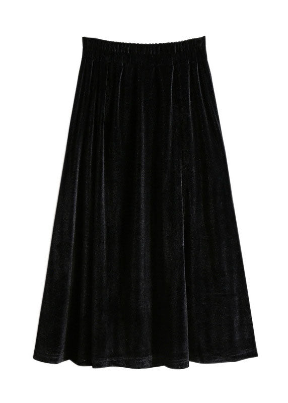 Black Wrinkled Elastic Waist Patchwork Velour Skirts Fall
