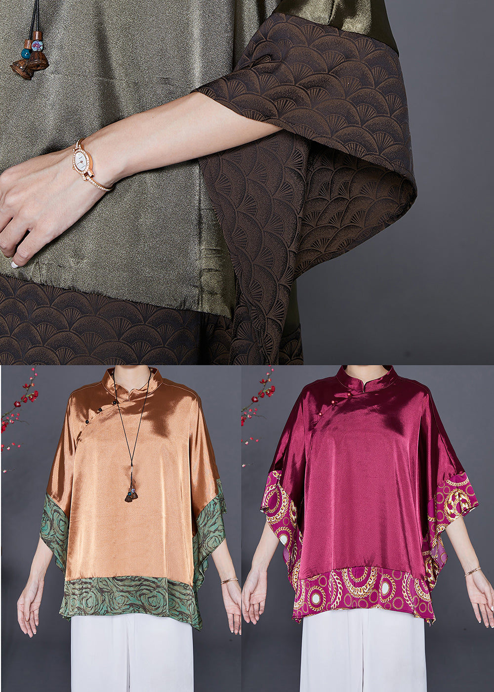 Blackish Green Stand Collar Patchwork Silk Shirt Summer