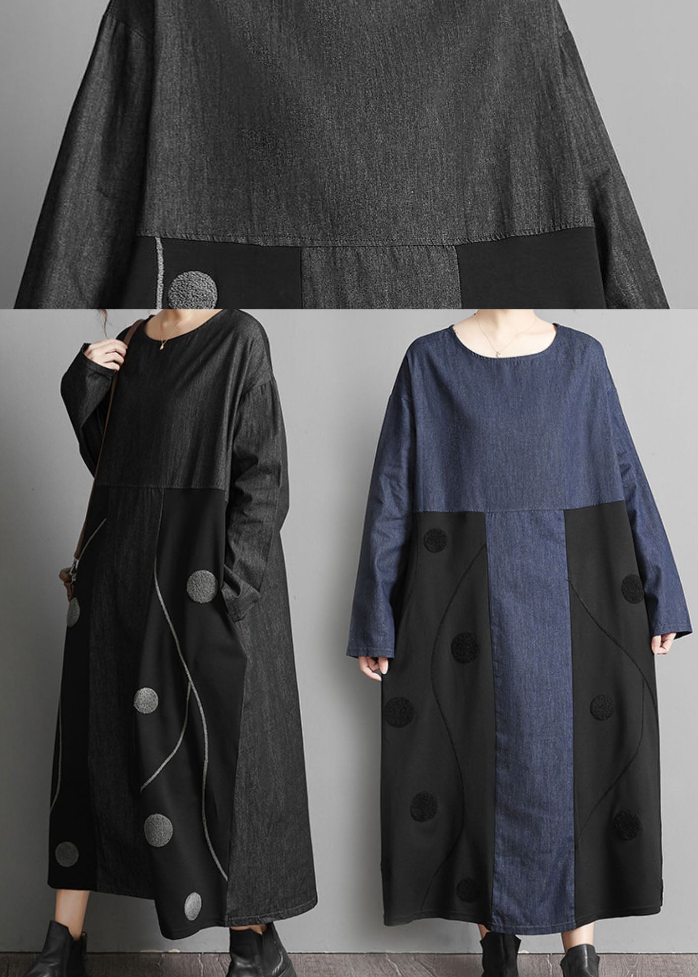 Blue O-neck Denim Patchwork Dresses Spring