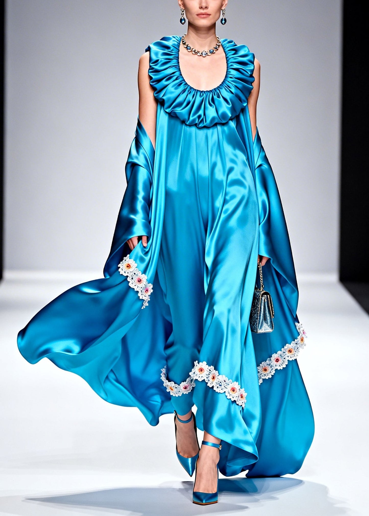 Blue U Neck Patchwork Flower Silk Robe Dresses Summer