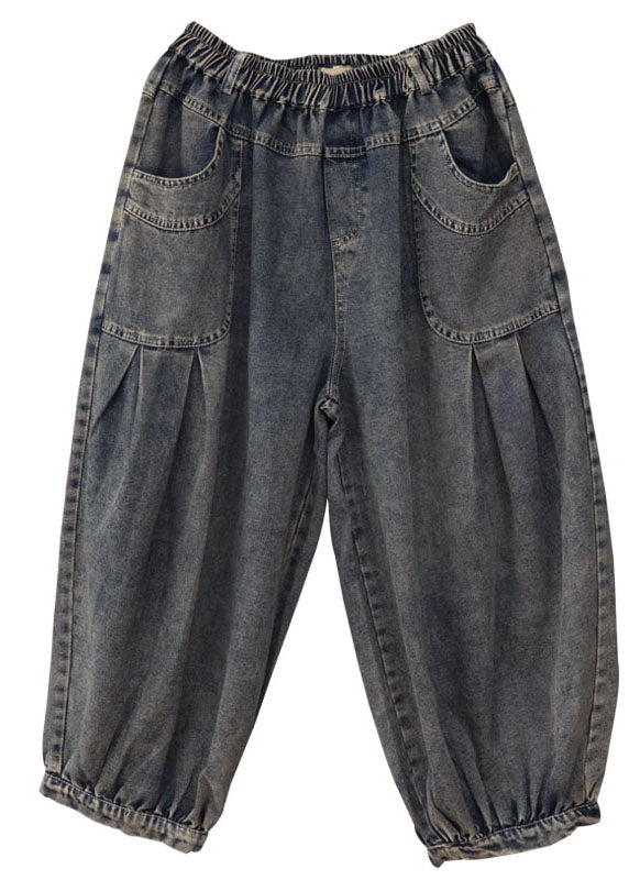 Blue Elastic Waist Pockets Denim Pants Spring