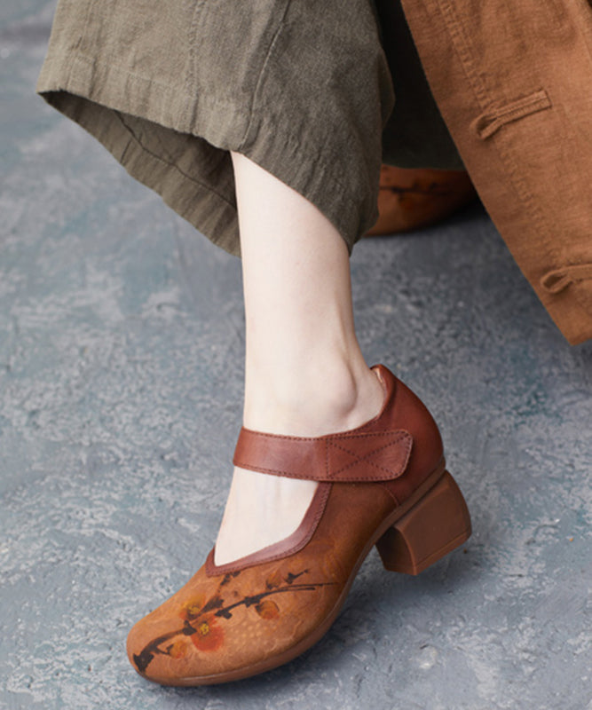 Brown High Heels Chunky Cowhide Leather Splicing High Heels