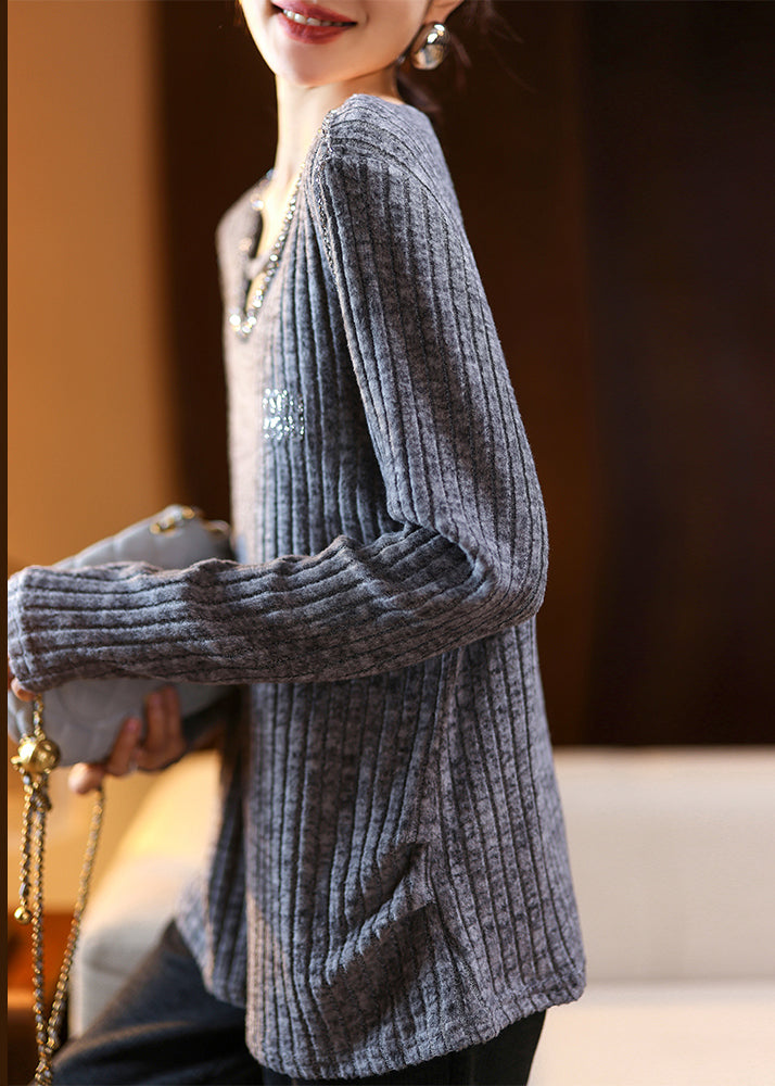 Coffee V Neck Nail Bead Patchwork Knit Top Spring