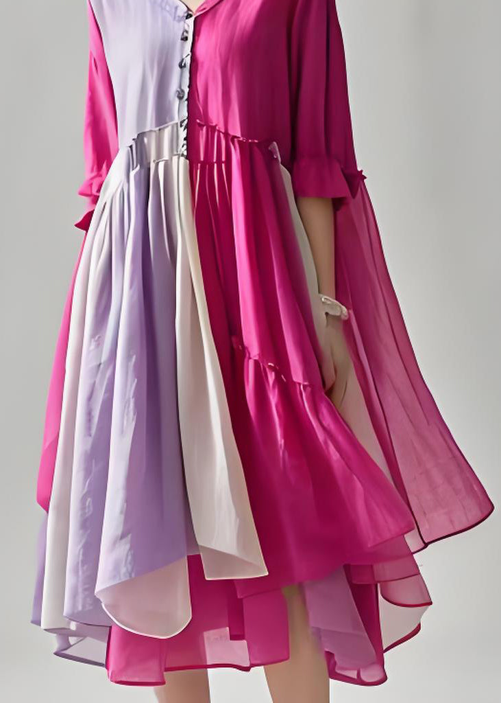 Colorblock V Neck Wrinkled Patchwork Cotton Dresses Summer