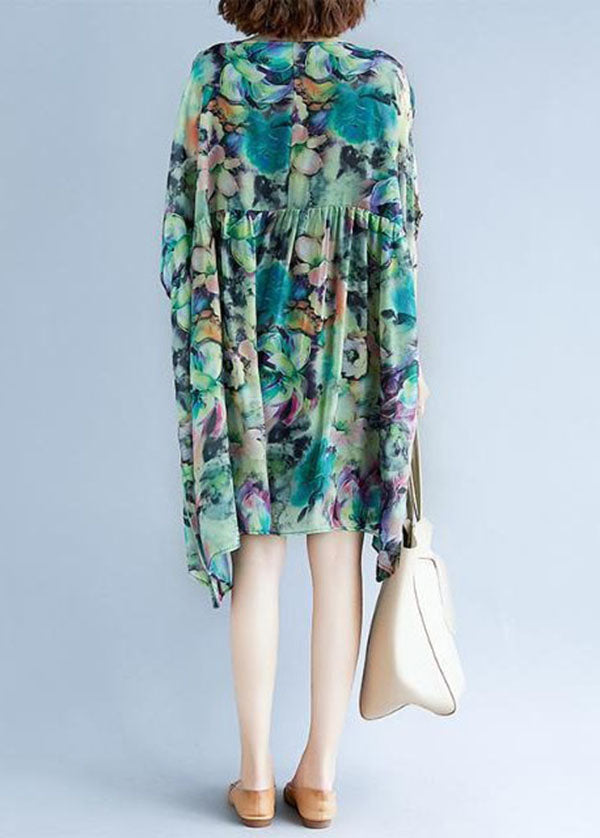Green O Neck Print Patchwork Chiffon Dresses Summer