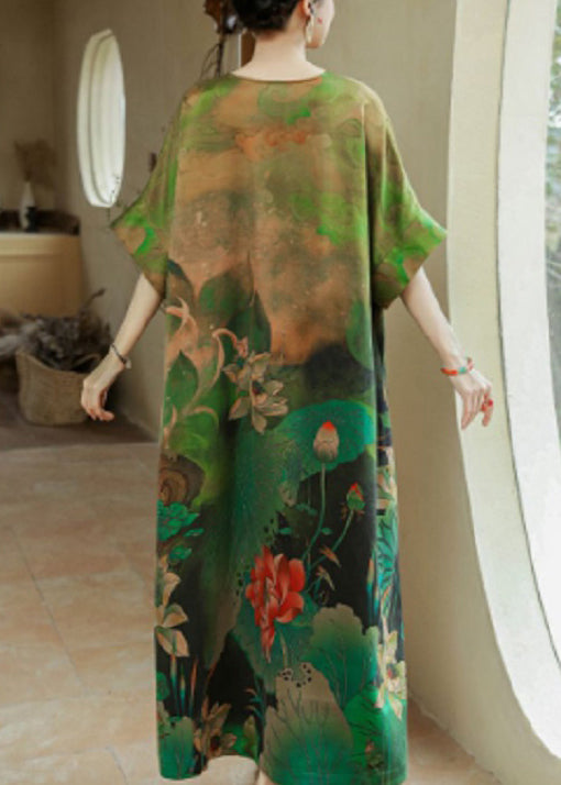 Green O Neck Print Silk Long Dresses Summer