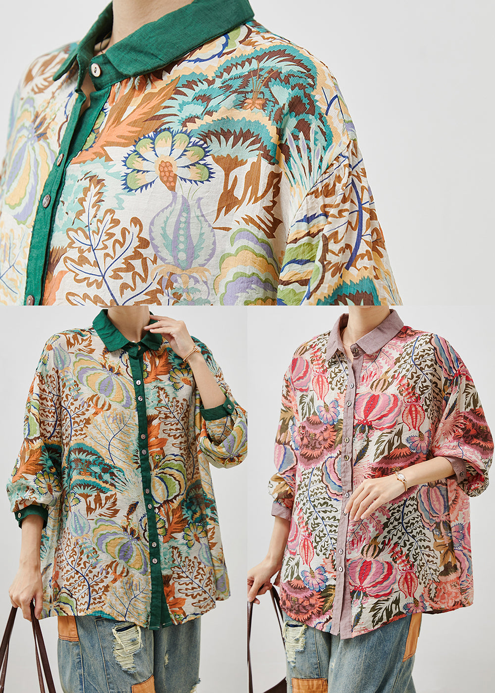 Green Peter Pan Collar Print Linen Blouses Summer