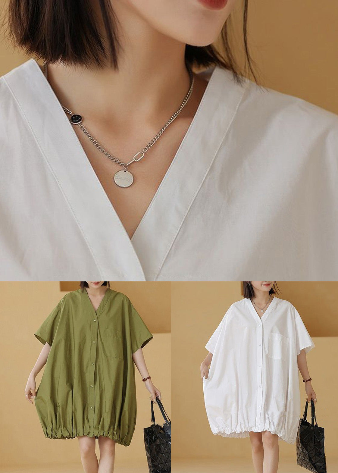 Green Button Cotton Shirts Mid Dress Short Sleeve