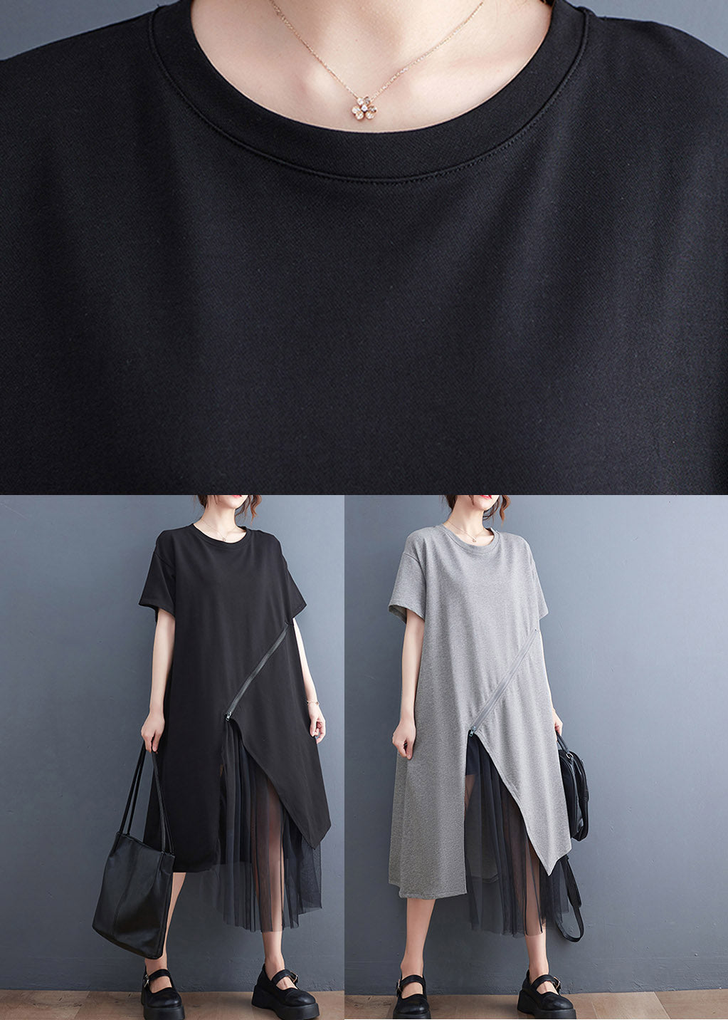 Grey Asymmetrical Tulle Patchwork Maxi Dress Summer
