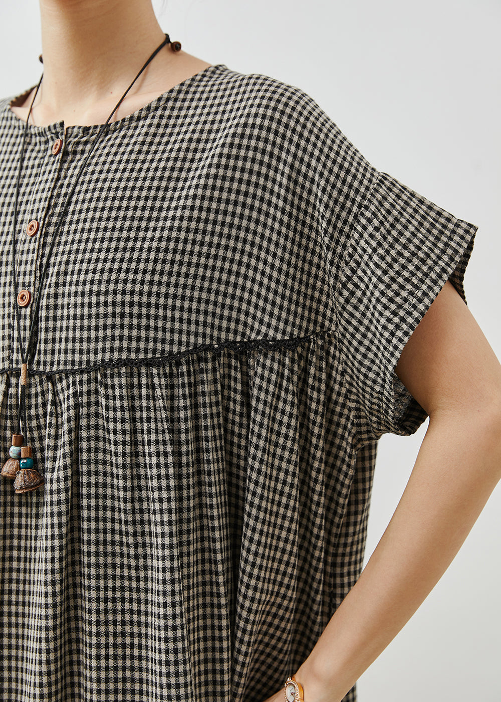 Grey Oversized Plaid Cotton Dress Summer