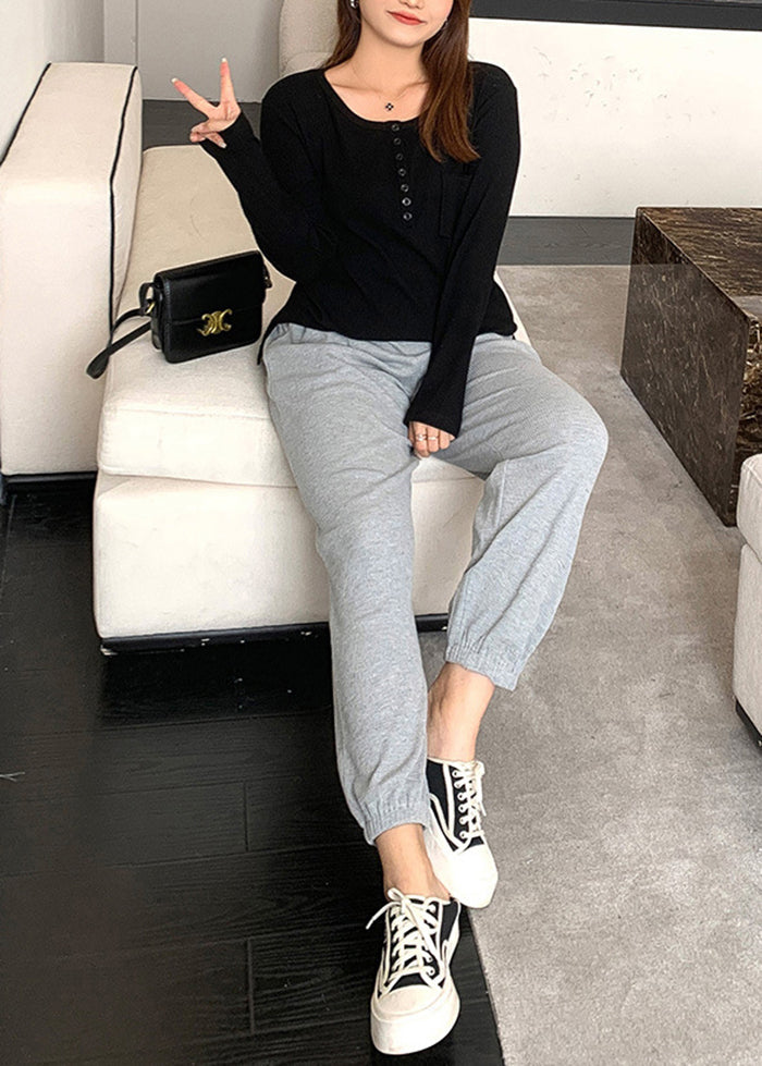 Grey Oversized Pockets Cotton Sweatshirt Pants Fall