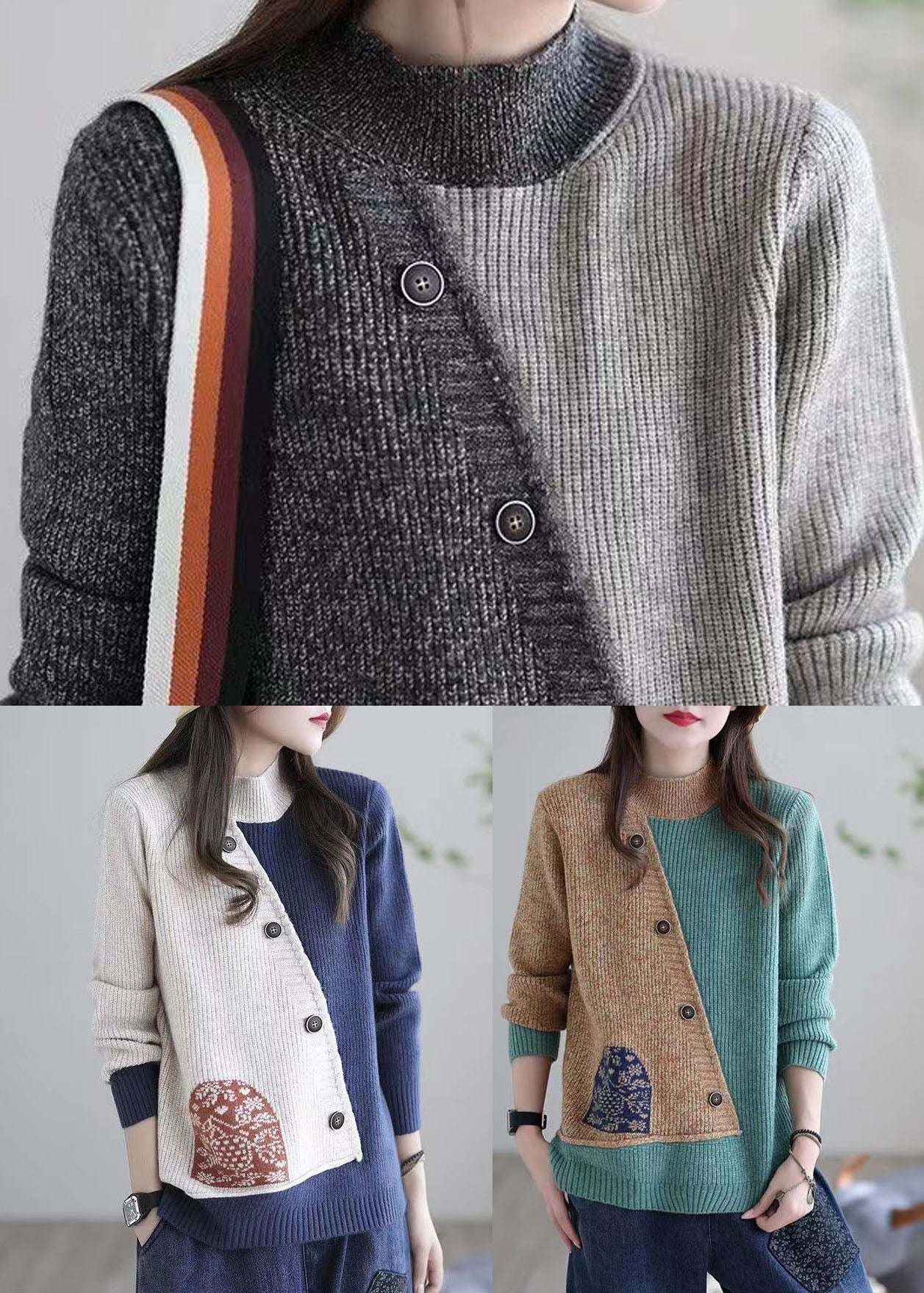 Grey Stand Collar Patchwork Button Knit Sweaters Winter