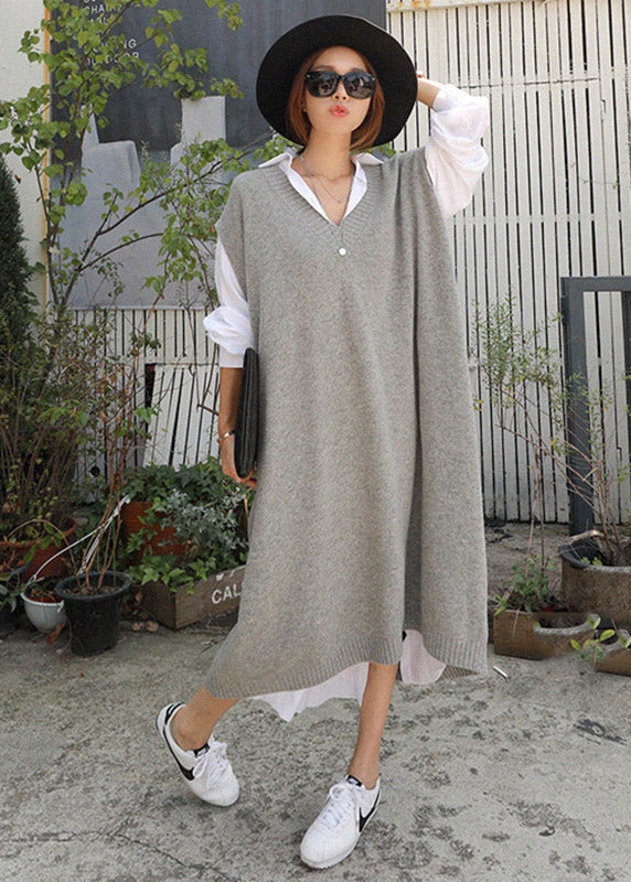 Grey V Neck Knit Long Dress Short Sleeve