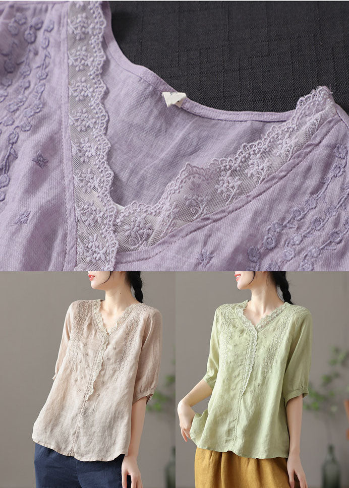 Khaki Embroideried Lace Patchwork Linen Shirt Half Sleeve