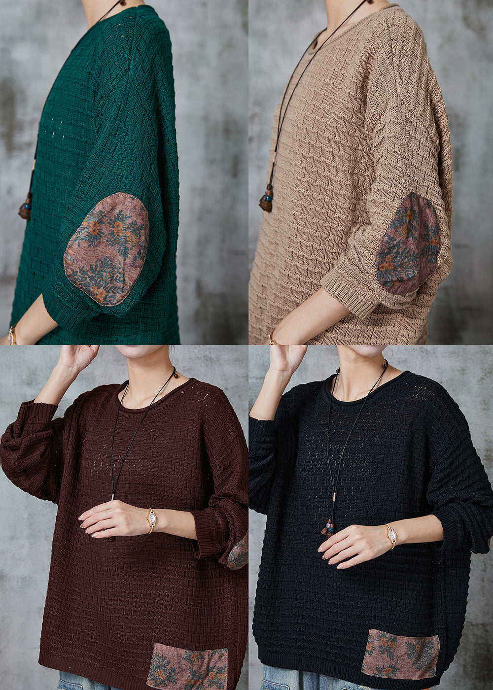 Khaki Oversized Patchwork Knit Tops Spring