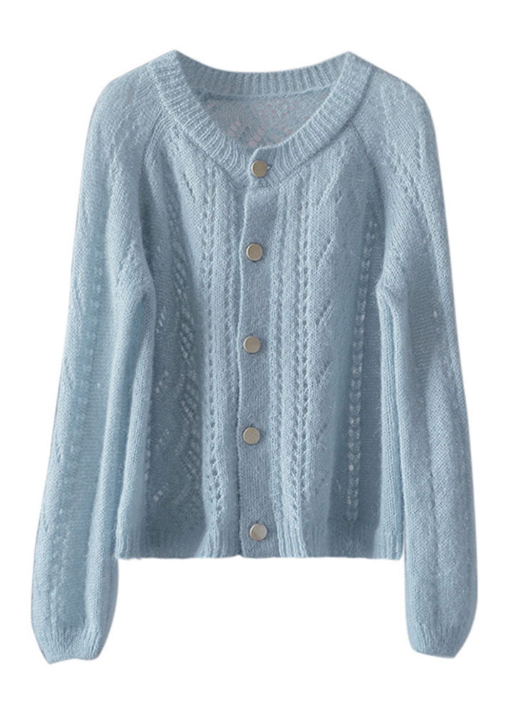Light Blue O-neck Hollow Out Ma Hai Mao Knit Cardigan Spring