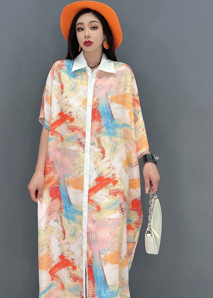 Light Khaki Peter Pan Collar Tie Dye Print Chiffon Shirt Dresses Half Sleeve